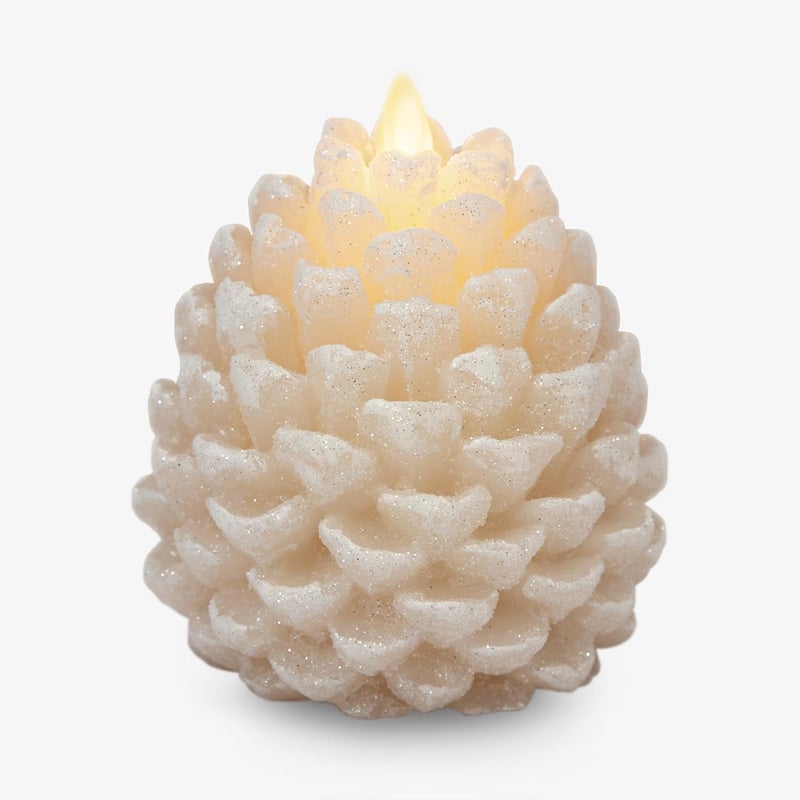 LUMINARA Pinecone Flameless Candle White Swan Glitter and Snow Finish Pine Cone Figural, Real Wax Unscented LED Candles, Battery Operated with Timer, Holiday Decoration (3.9" x 4.3") - Image 1